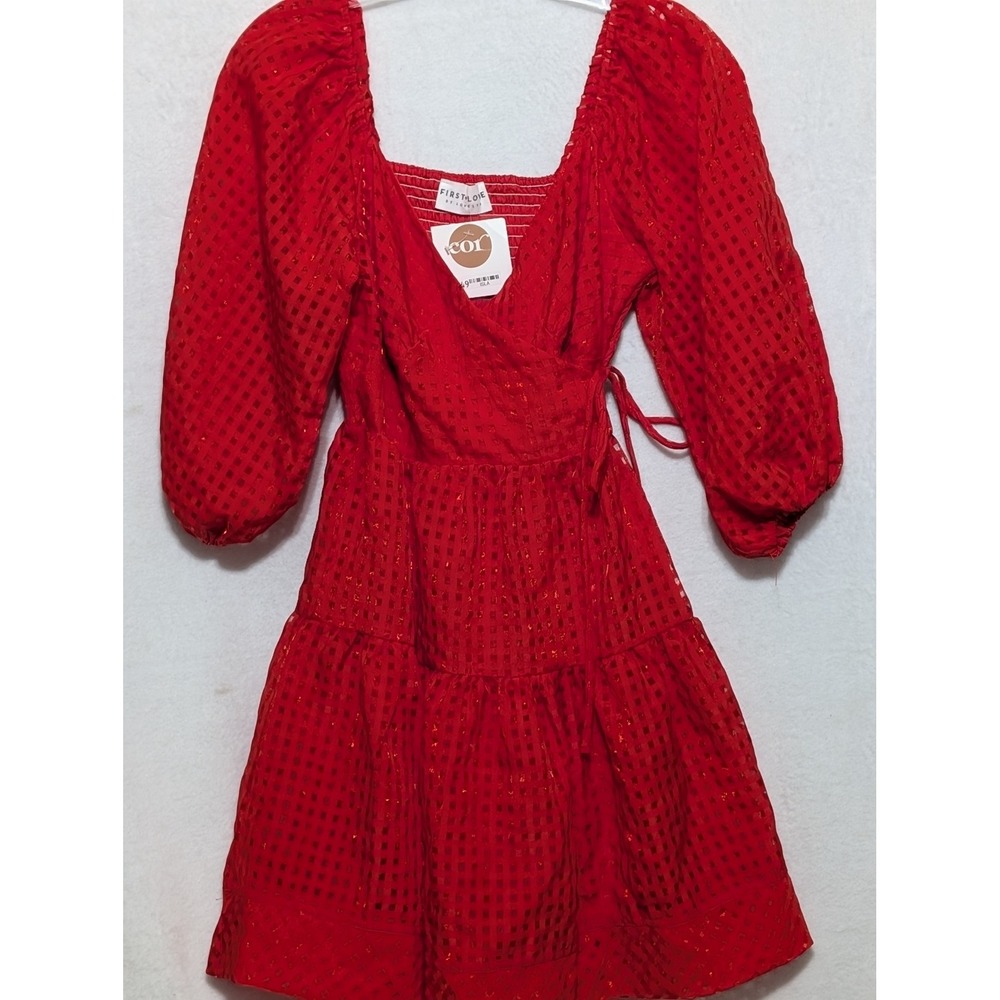 First Love by Lovelyn Red Checkered Metallic Wrap Mini Dress Puff Sleeve Small